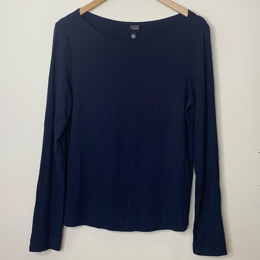 Eileen Fisher | Midnight Blue Stretch Viscose Long Sleeve Round Neck Top Shirt S